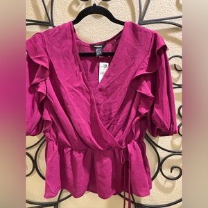 Express Fuchsia Ruffle Sleeve Wrap Dress
